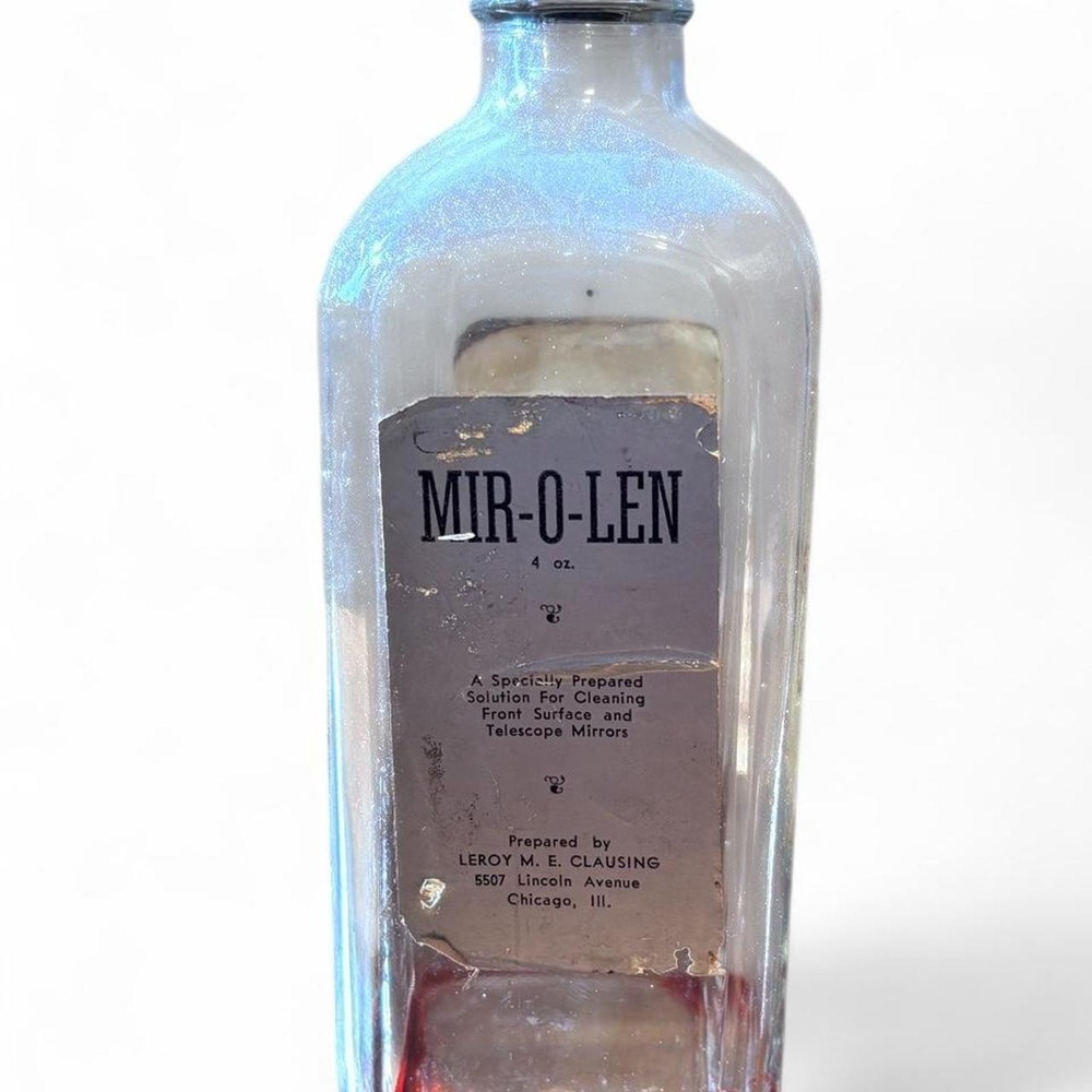 Vintage MIR-O-LEN Telescope Mirror Cleaner Bottle Leroy M E Clausing Chicago 4oz